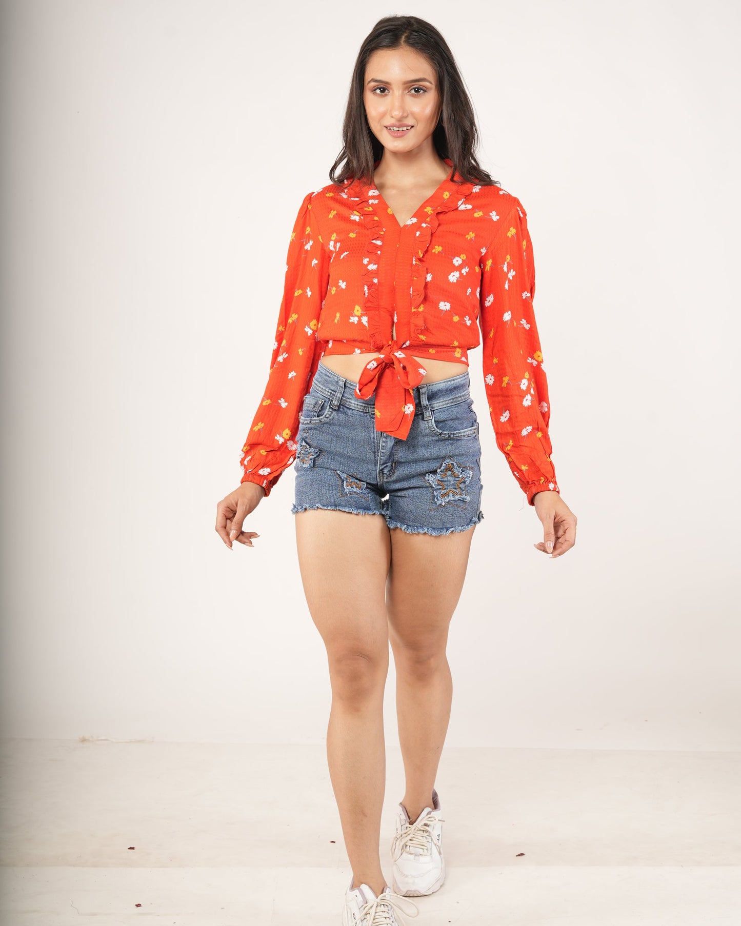 Tangerine Blossom Ruffled Tie-Front Crop Blouse
