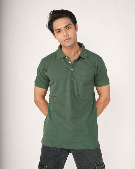 Man wearing a green polo shirt against a white background