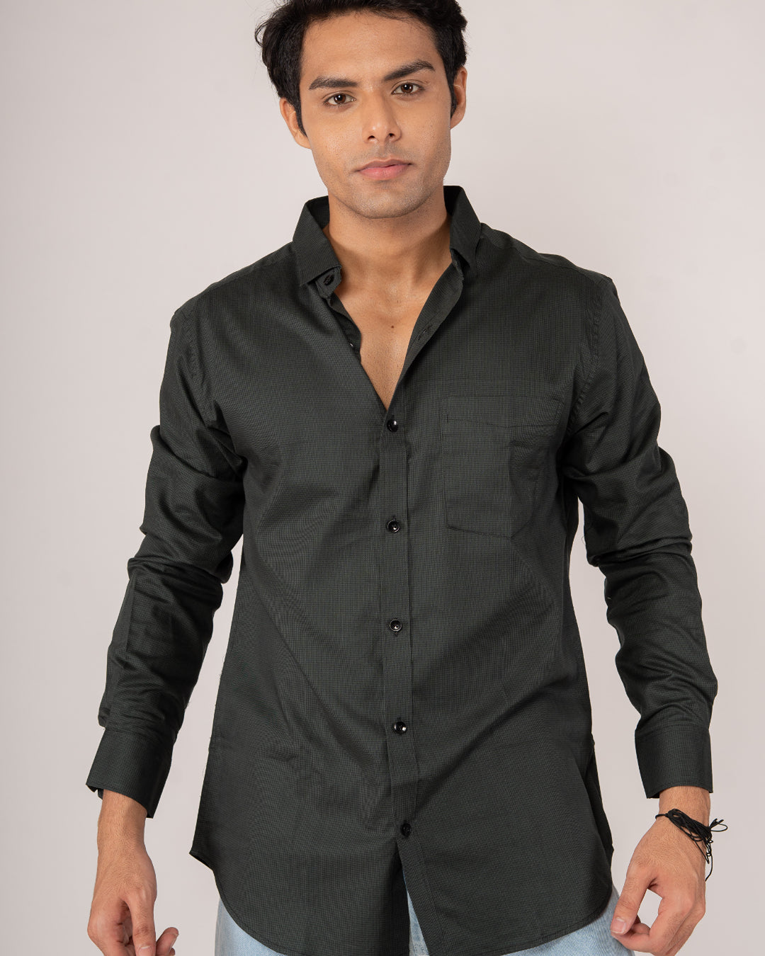 Olive Charcoal Micro-Grid Structured Shirt
