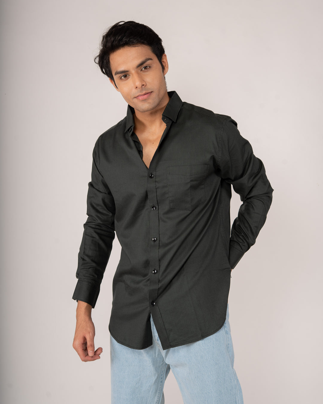 Olive Charcoal Micro-Grid Structured Shirt