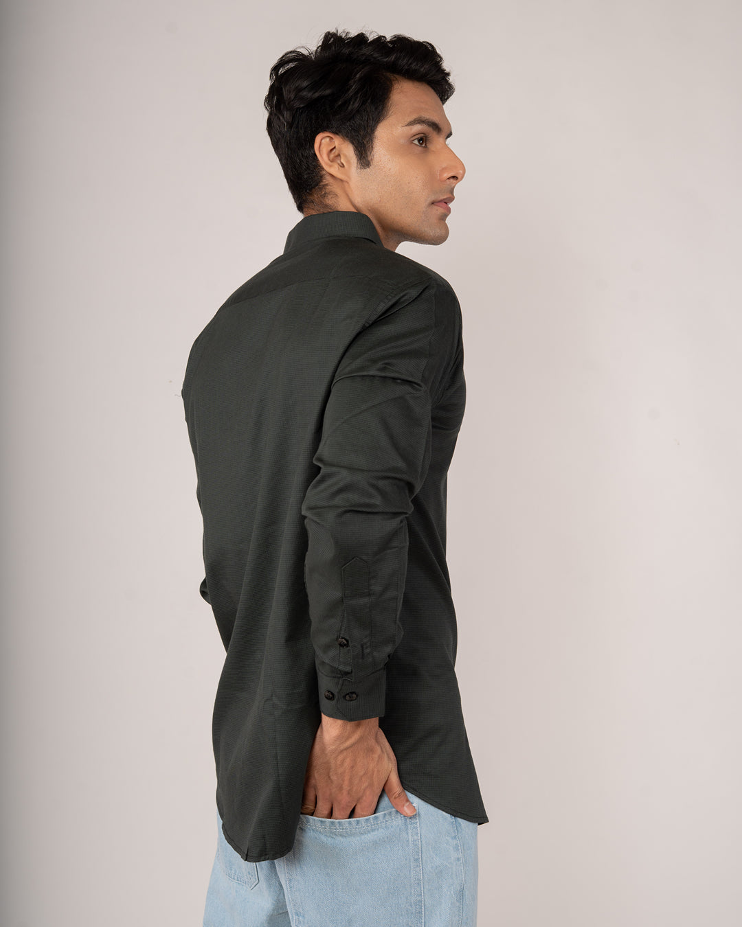Olive Charcoal Micro-Grid Structured Shirt