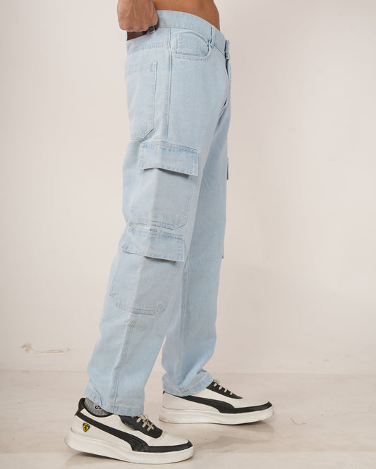 A model wearing Frost Ice Blue 8-pocket cargo jeans