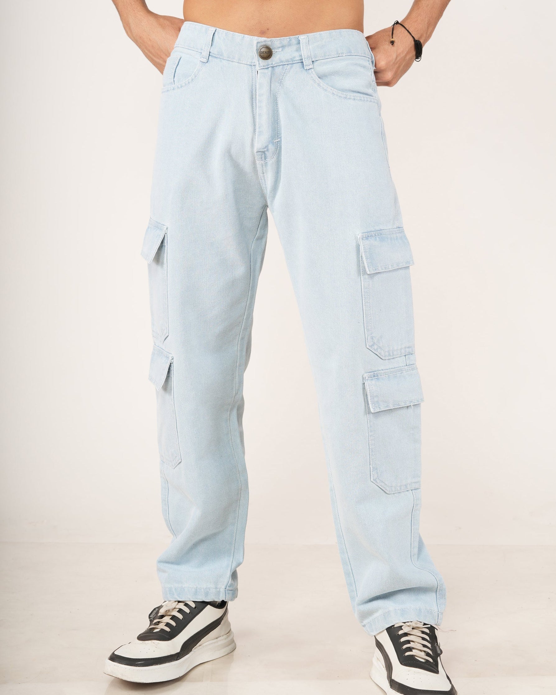 A model wearing Frost Ice Blue 8-pocket cargo jeans