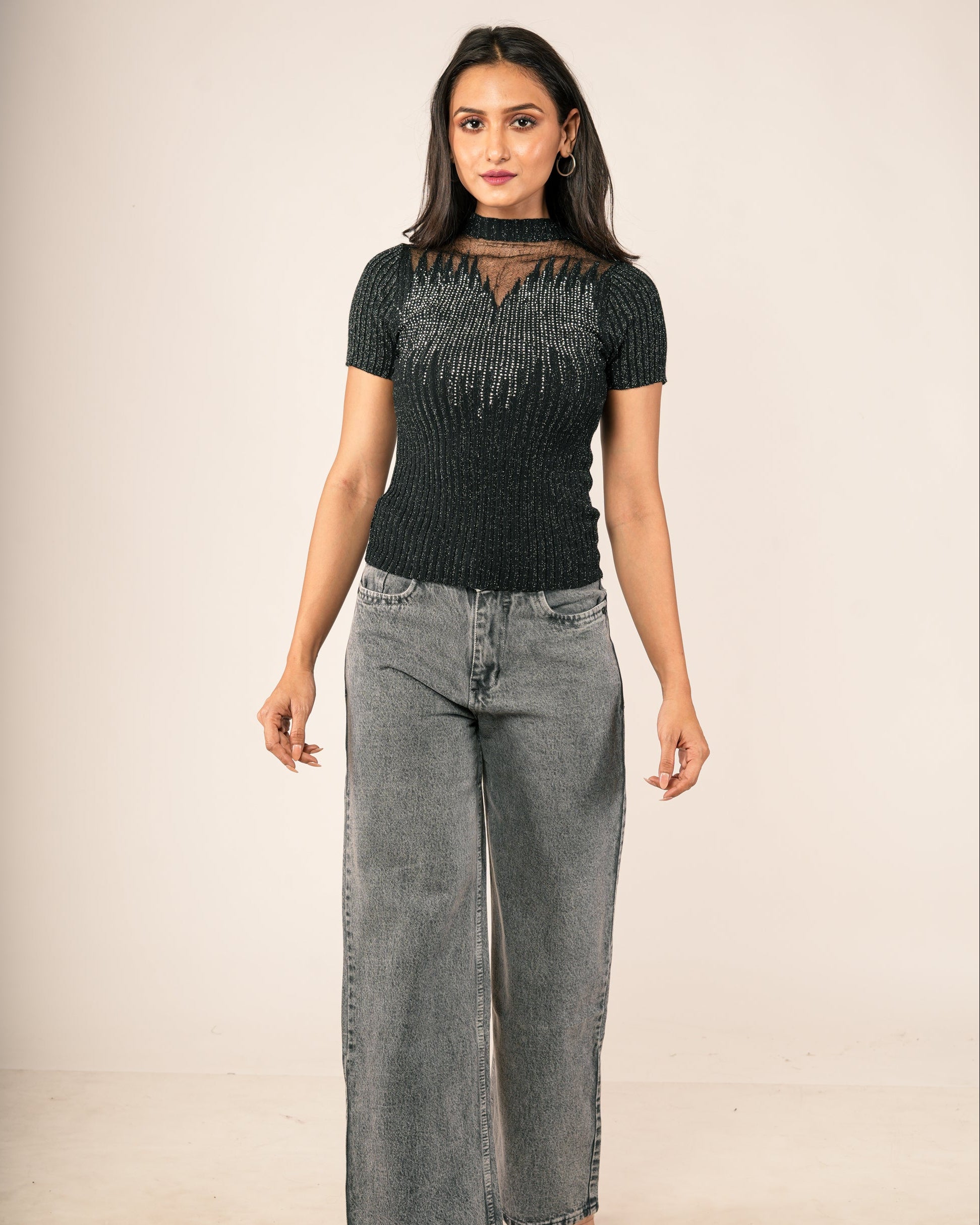 Woman wearing a Sheer Mesh Yoke Rhinestone Ribbed Top