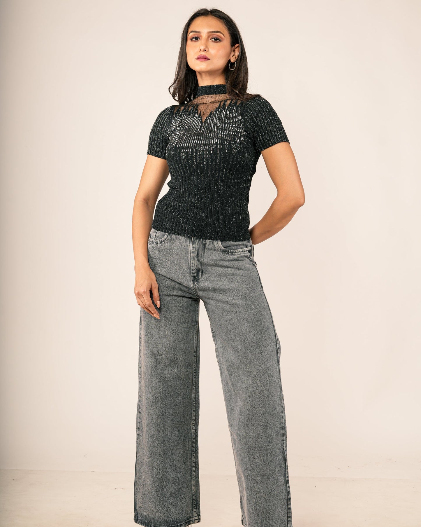 Woman wearing a Sheer Mesh Yoke Rhinestone Ribbed Top