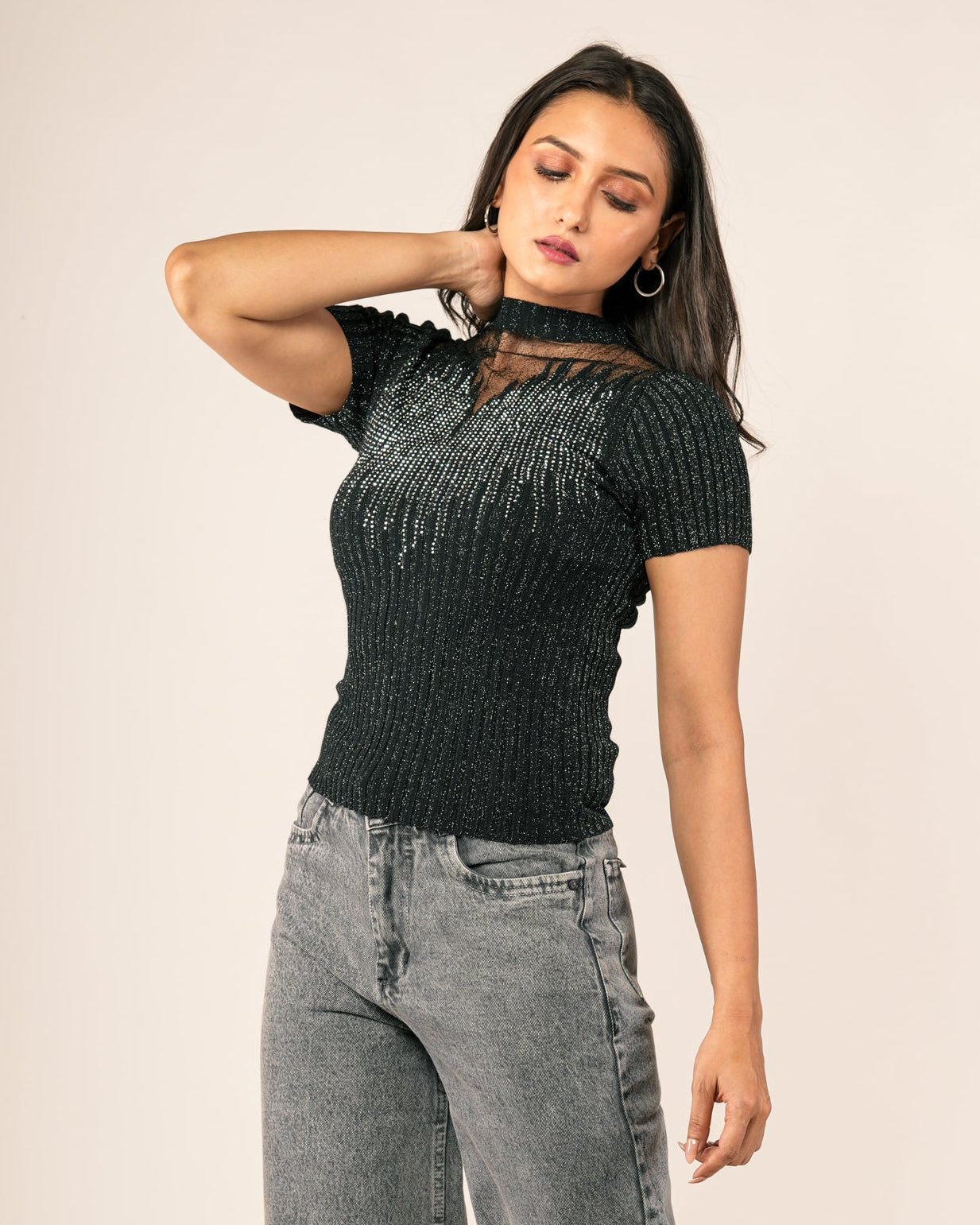 Woman wearing a Sheer Mesh Yoke Rhinestone Ribbed Top
