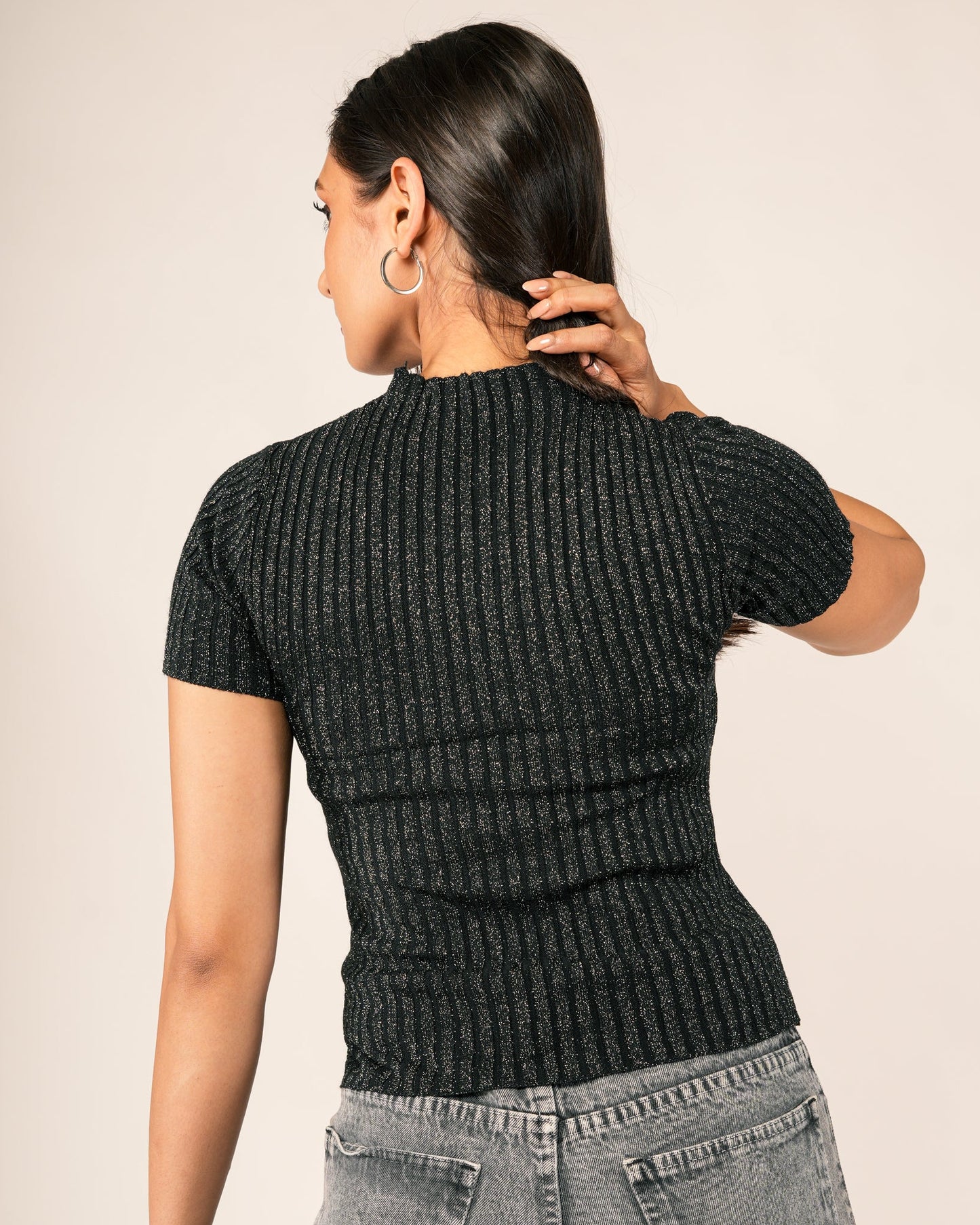 Woman wearing a Sheer Mesh Yoke Rhinestone Ribbed Top
