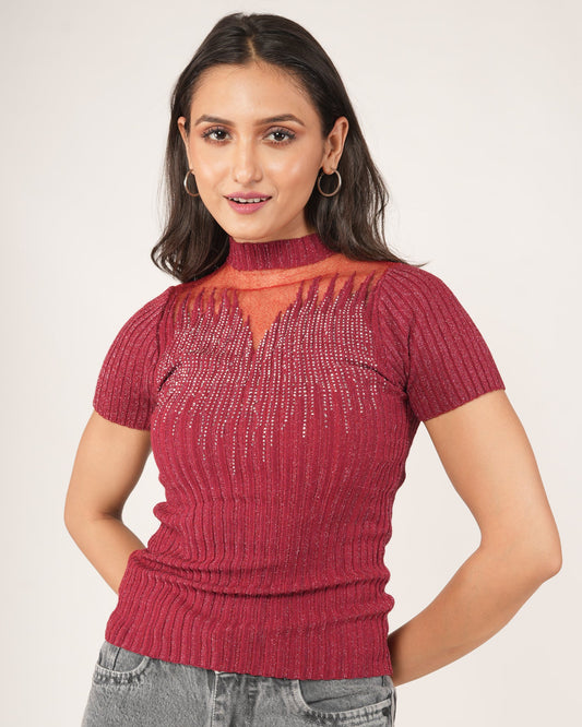 A woman modeling a Short-sleeve Fiesta Red Sheer Mesh Yoke Rhinestone Ribbed Top, paired with gray jeans.