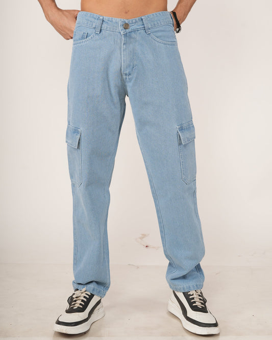 Person wearing sky blue jeans.