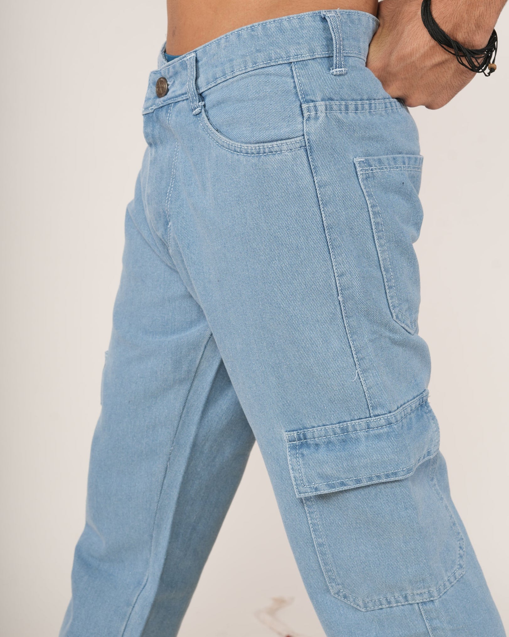 Person wearing sky blue jeans.