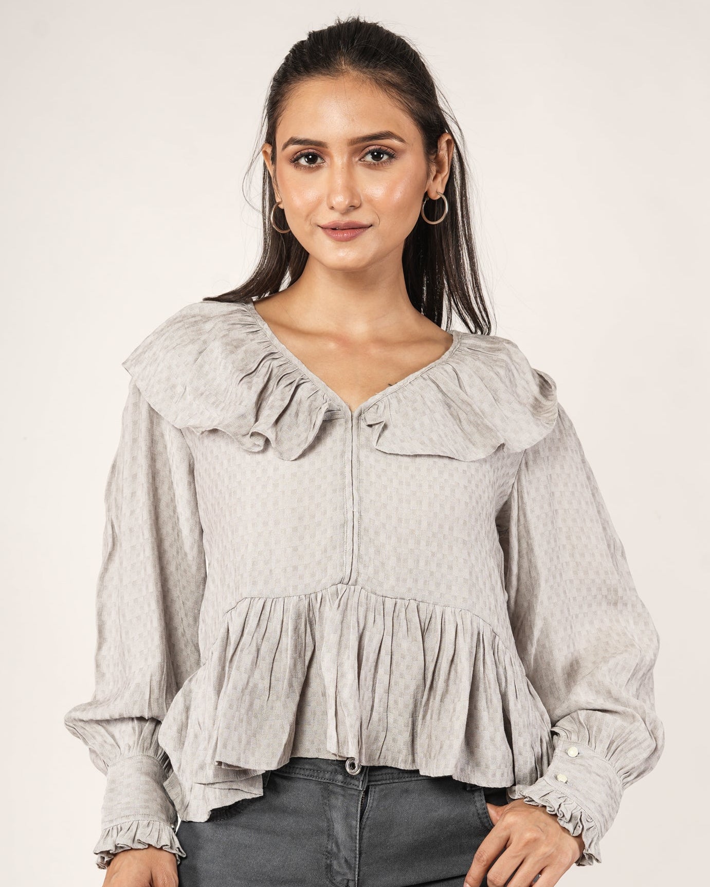 Women wearing a Textured Ruffle Collar Peplum Top — Dove Grey