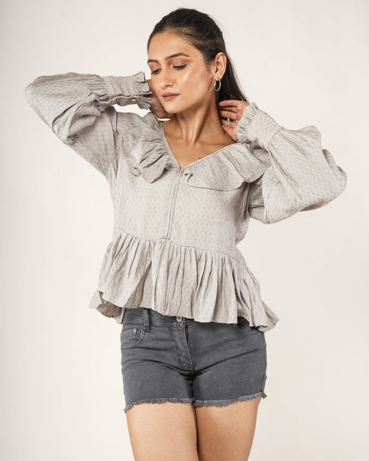 Women wearing a Textured Ruffle Collar Peplum Top — Dove Grey