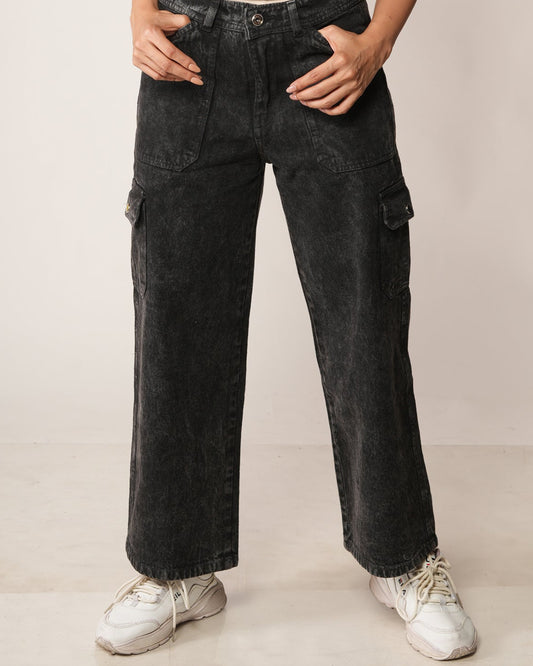Woman wearing a Women's Charcoal 6-Pocket Cargo Jeans.
